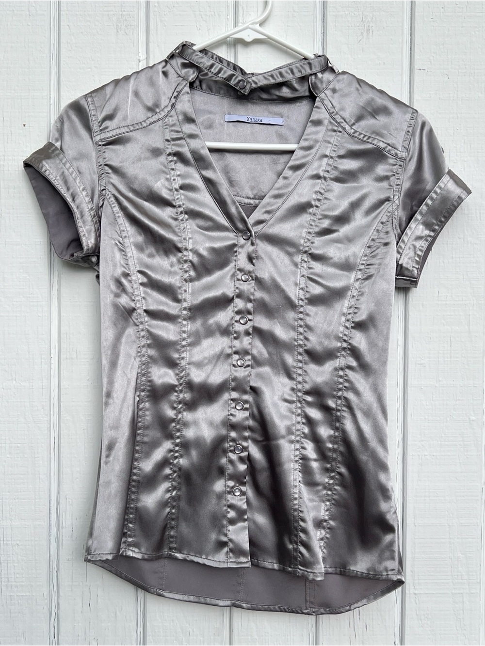 Xanaka: Silver Snap-Front Cap Sleeve Blouse w/ Attached Choker Collar. Size S.